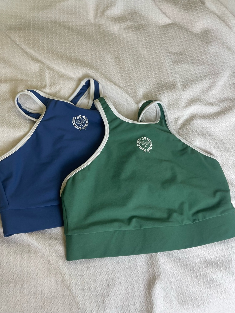 Old Navy Blue and Green Racerback Sports Bras with White Trim